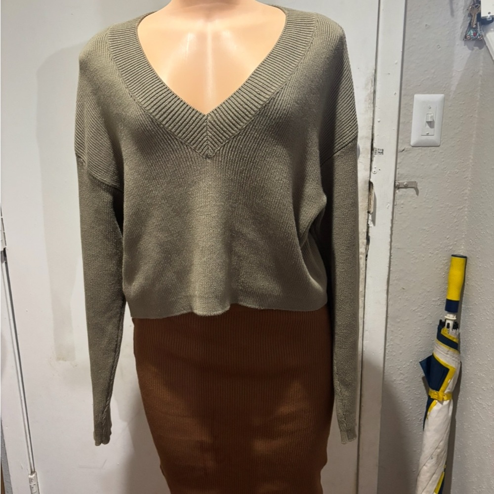 Kendall & Kylie Khaki V-Neck Sweater